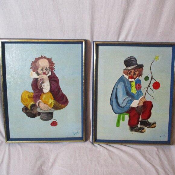 Vintage Set 2 Sad Clown Portrait CLOWN PAINTING 1970s Signed ART PAINTING - Picture 1 of 8